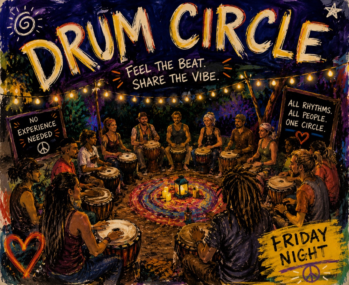 Drum Circle at The Spot Nashua, Friday July 17 at 8 PM. No experience needed, all rhythms, all people, one circle.